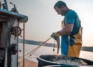 A man working with fishing nets at sea