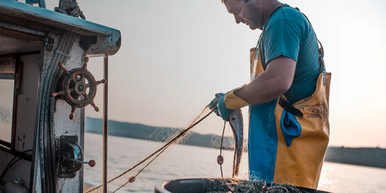 A man working with fishing nets at sea
