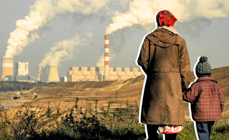 Mother and child walking towards polluted site