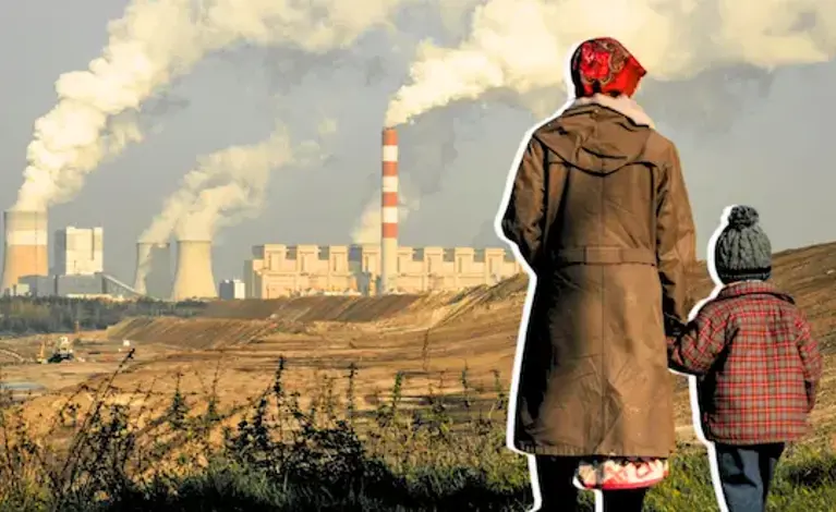 Mother and child walking towards polluted site